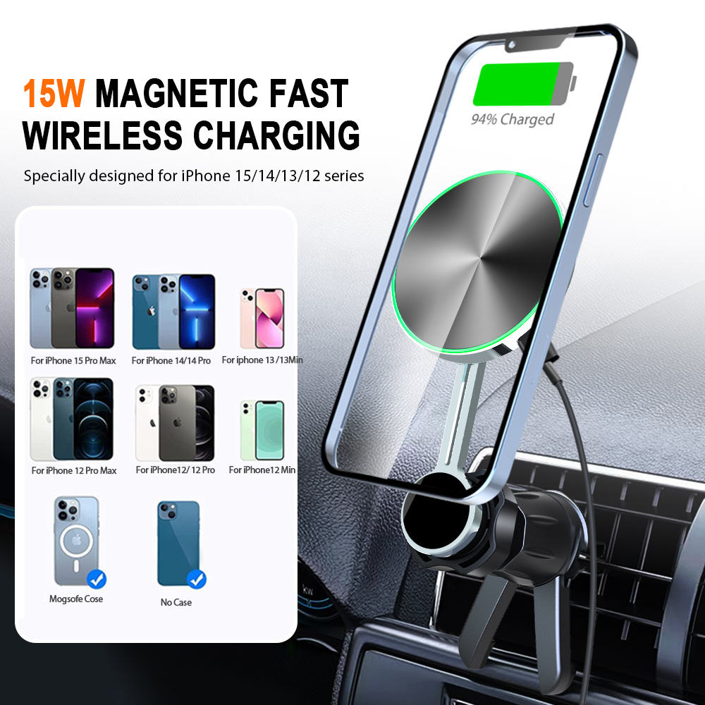 Magnetisk trådløs billader og telefonholder til ventilasjonsgitter (iPhone 15)